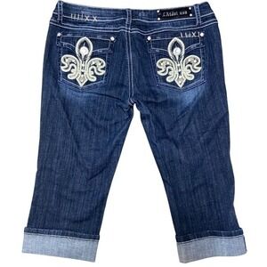 L.A. Idol USA Embellished Capri Jeans Rhinestone Fleur-de-lis Dark‎ Wash 15